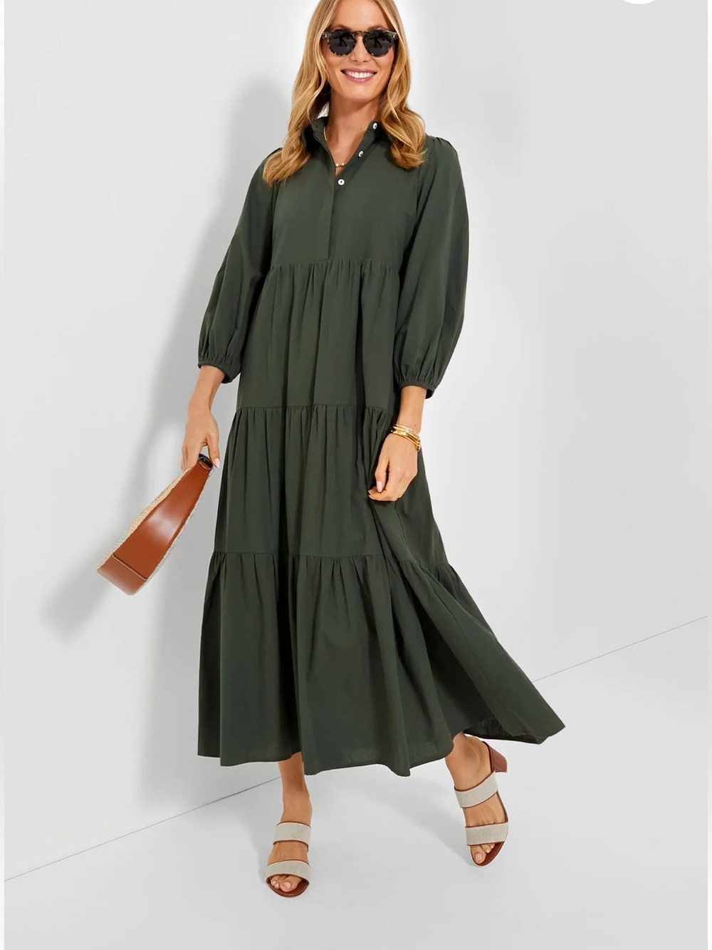 Tuckernuck Pomander Place Mabel Tiered Cotton Maxi Shirt Dress Sedona Sage Midi
